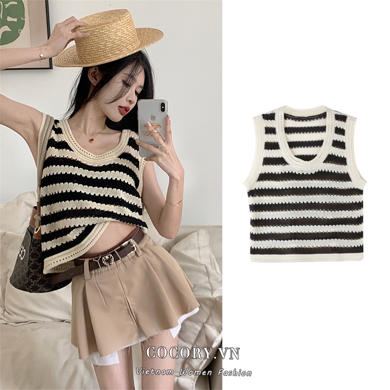 Cocory vn Áo Croptop Dệt Kim Kẻ Sọc Trễ Vai Quyến Rũ Thời Trang Mùa Hè Cho Nữ