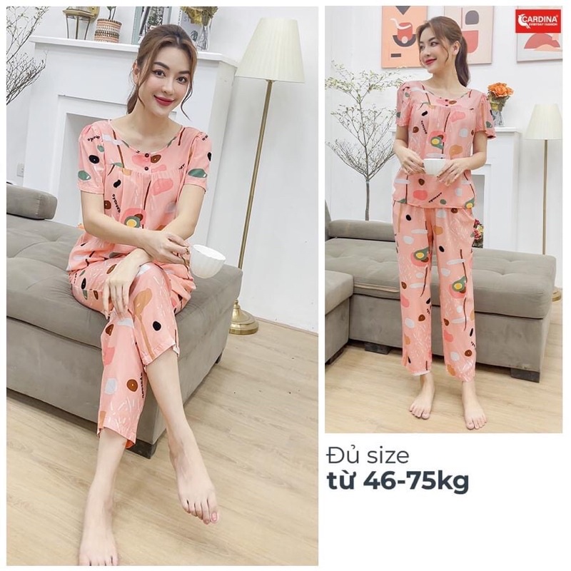 Đồ bộ nữ CARDINA chất lanh tre nhật cao cấp áo cộc tay quần dài suông họa tiết
