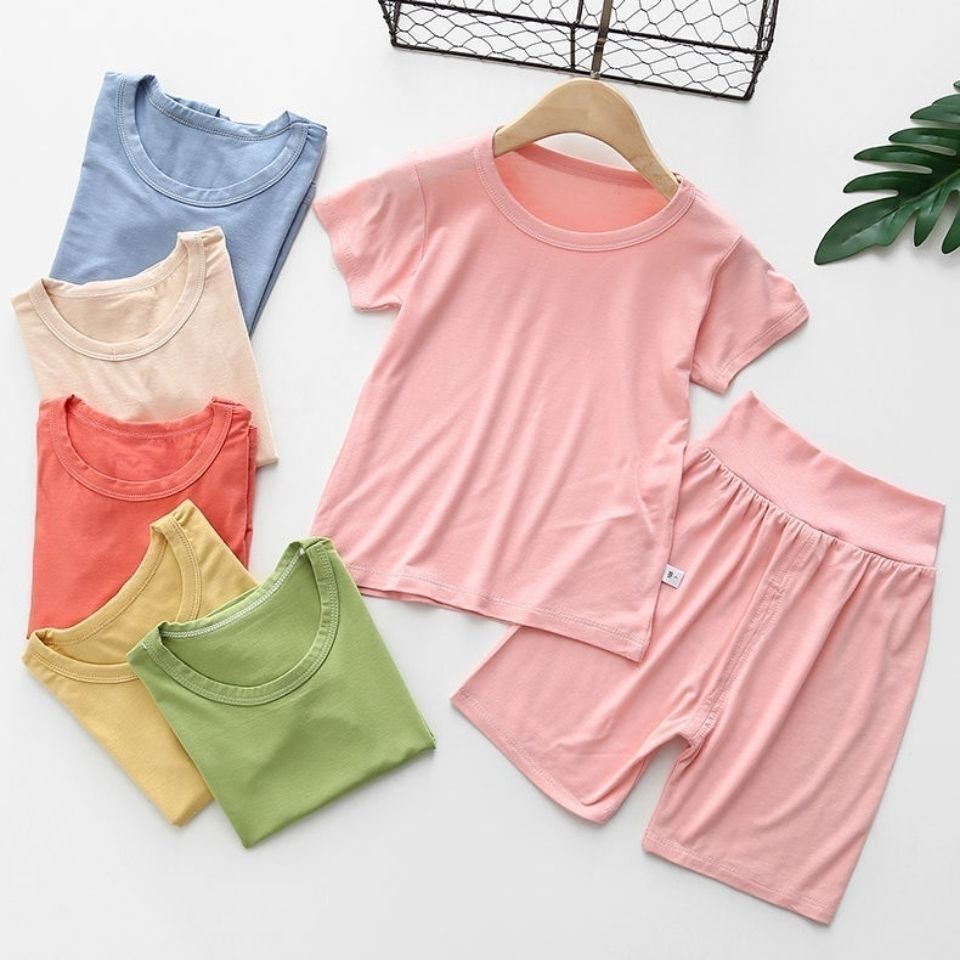 Bộ đồ trẻ em modal ngắn tay bé trai gái pyjama mỏng, mặc nhà, quần áo bảo vệ bụng lưng cao điều hòa nhiệt độ cho sẽ được