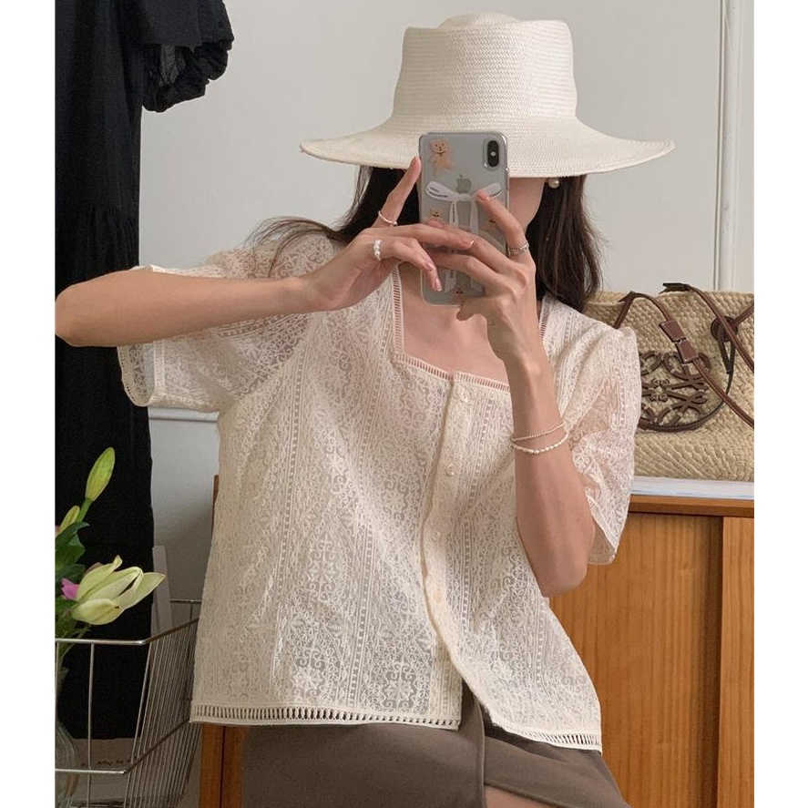 Áo Tay Ngắn Cổ Vuông Phối Ren Thêu Họa Tiết Tinh Tế Phong Cách Hàn Quốc Mới 52354