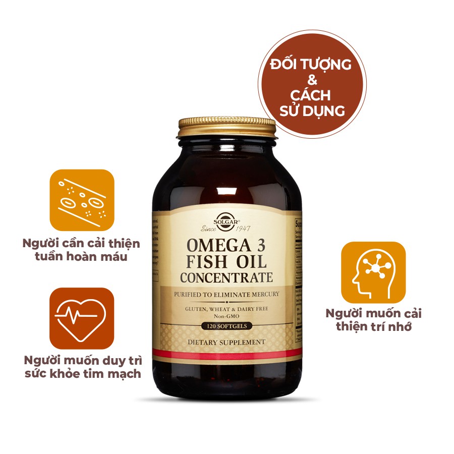 [NHẬP KHẨU USA CHÍNH HÃNG] Dầu cá hỗ trợ sức khỏe tim mạch, đẹp da Solgar Omega-3 Concentrate 120 viên | Thế Giới Skin Care