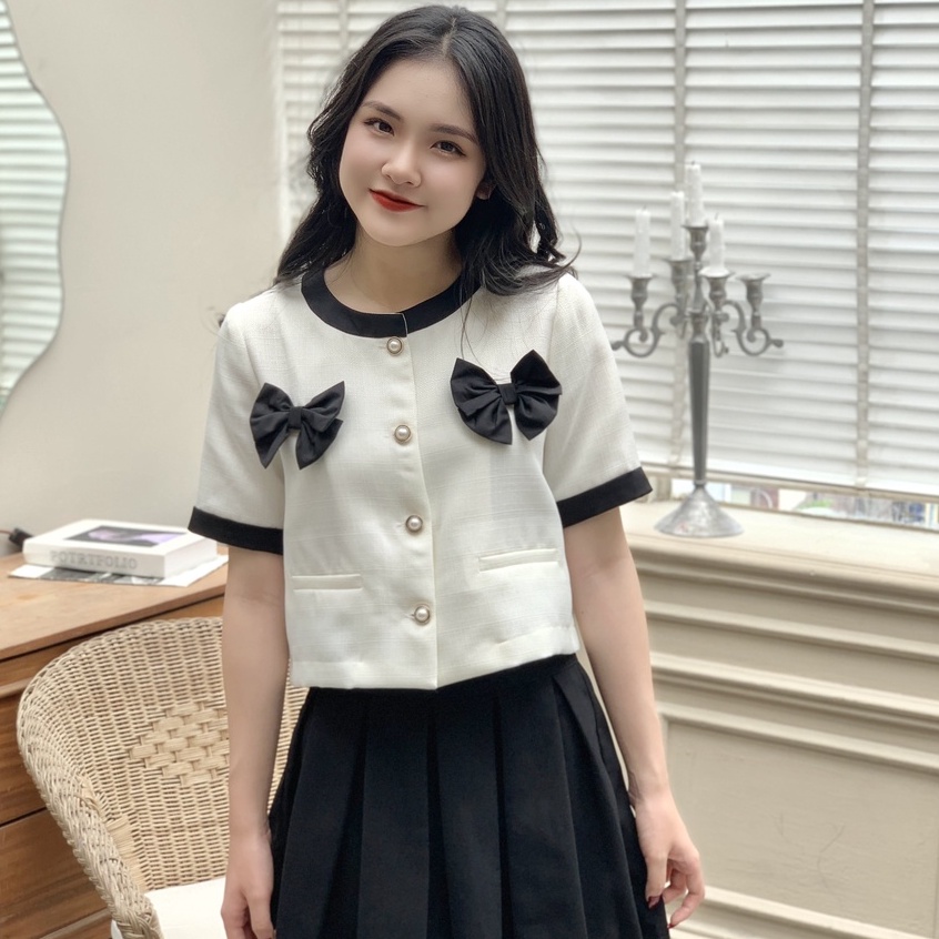 Áo Sơ Mi Kiểu Nữ Thiết Kế Phối Nơ Cách Điệu Dáng Lửng Ngắn Tay SS02