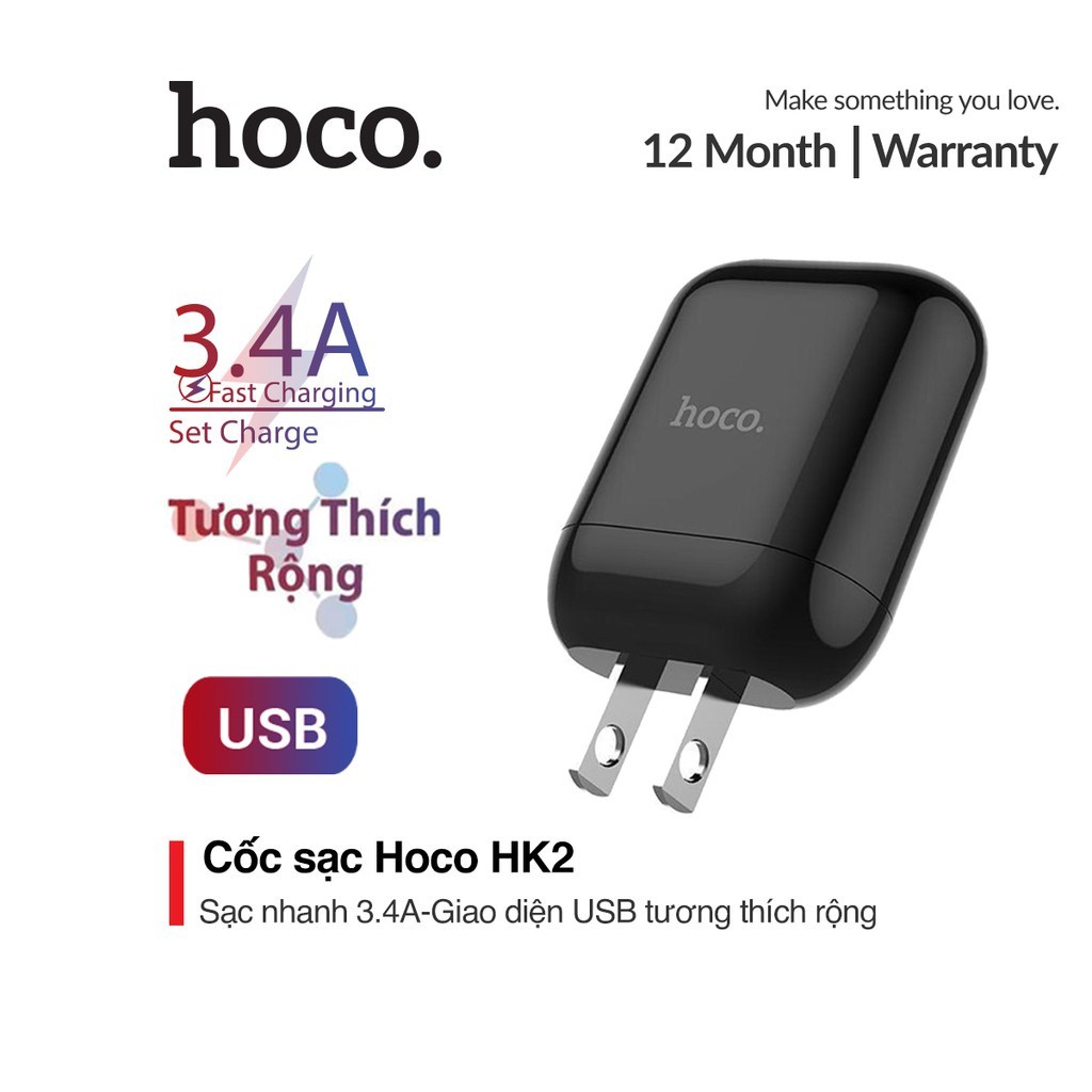 Cốc sạc nhanh 3.4A Hoco HK2 chân sạc dẹt , hỗ trợ sạc tất cả các thiết bị sạc qua cổng USB