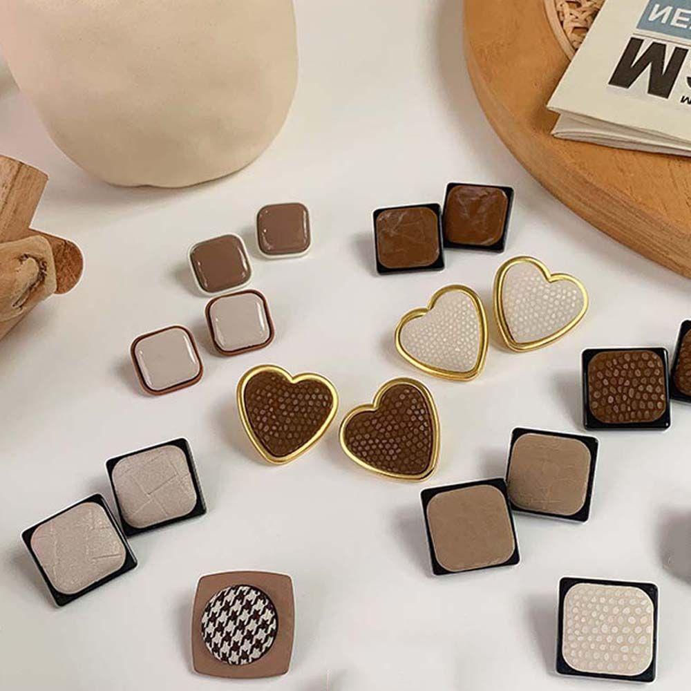 Bông Tai VANES1 Nâu Cà Phê Đen Nâu 925|Bông Tai Hình Học / Vuông / Tròn Họa Tiết Trái Tim Xinh Xắn Thời Trang Cho Nữ