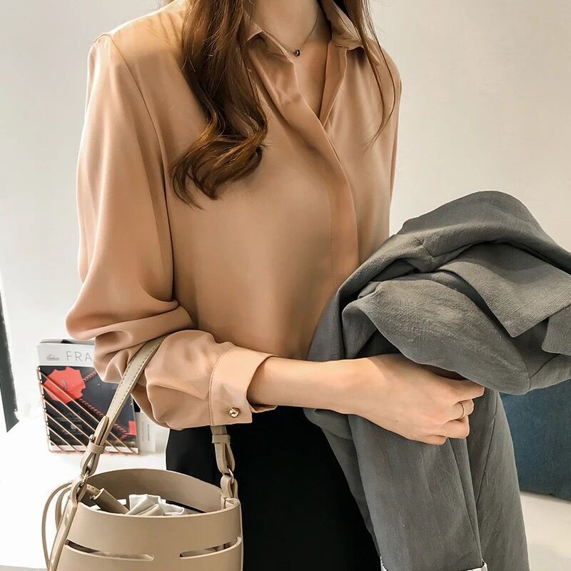 Áo Sơ Mi Voan Tay Dài Màu Sắc Thanh Lịch Cho Nữ