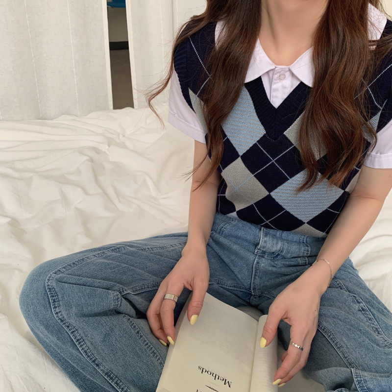 Áo Gile nữ Cổ tim Phong cách Retro Họa tiết Hình học Ulzzang Hàn Quốc Gile nữ Cổ V Vintage Thời trang