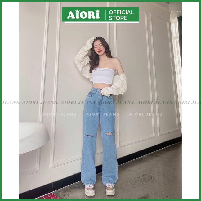 Quần Jean Ống Rộng Nữ Cao Cấp Rách Ngang Gối Aiori Jeans_Mã A047