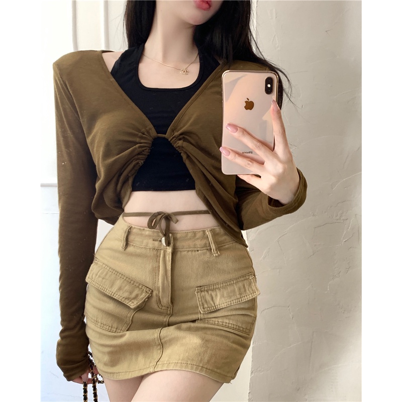 QKOOLE  Set Áo Croptop Tay Dài Trễ Vai + Áo Sát Nách Phong Cách Hàn Quốc