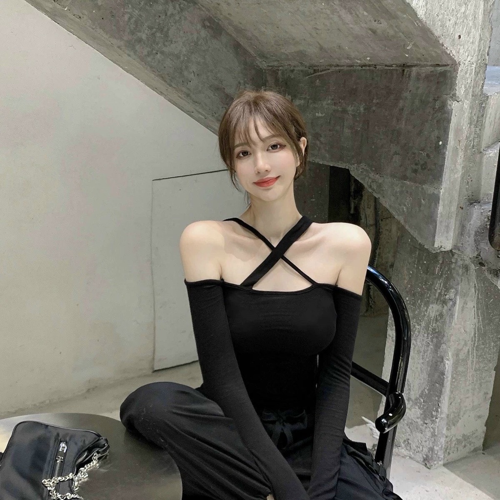 [VIDEO+FREESHIP ] ÁO CROPTOP KIỂU LỬNG NỮ DÀI TAY TRỄ VAI CHÉO NGỰC MÀU TRẮNG ĐEN XANH BƠ TIỂU THƯ CÁ TÍNH NITIQC