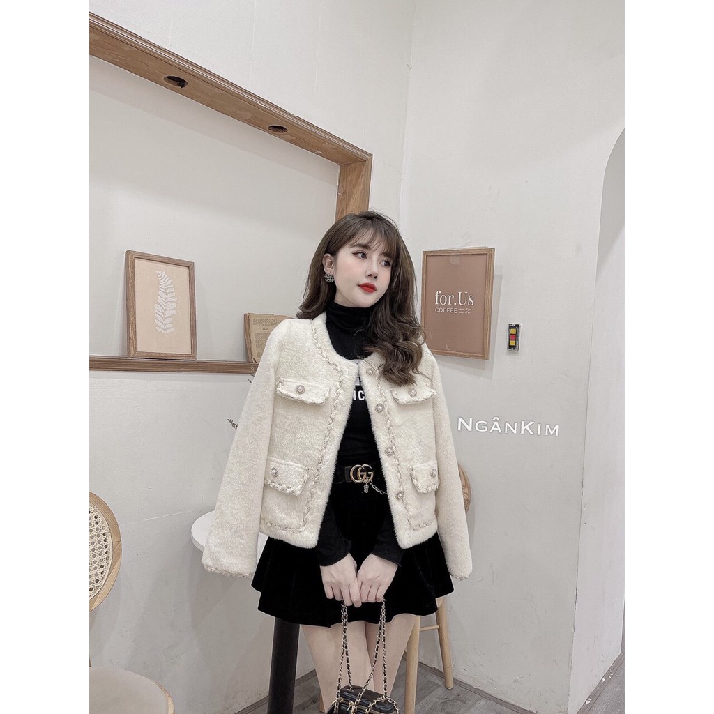 (2 LỚP) ÁO KHOÁC LÔNG TRẮNG VIỀN DẠ CÚC NGỌC CHẤT LÔNG MỊN SIÊU XINH XẮN