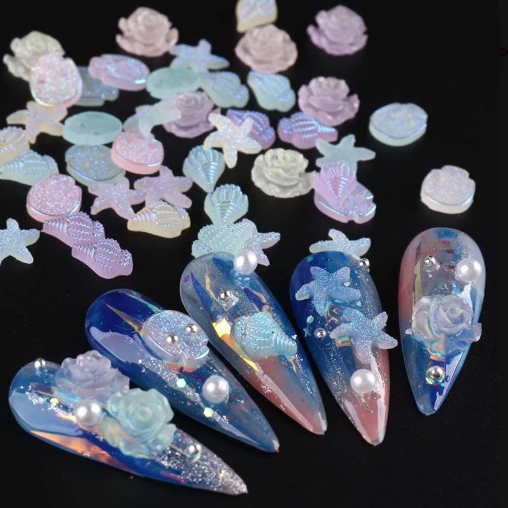 Bộ Phụ Kiện Trang Trí Móng Tay Nghệ Thuật Hình Hoa Trà Và Sao Biển Bằng Nhựa Resin Dạ Quang Thời Trang