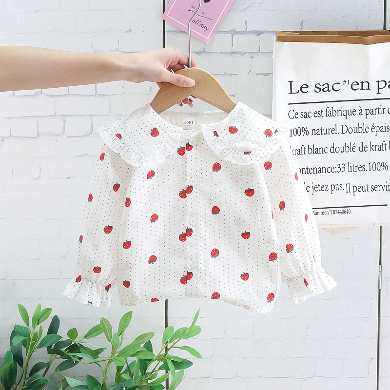 Áo Sơ Mi Cổ Búp Bê Tay Dài In Họa Tiết Quả Dâu Thời Trang Mùa Xuân Cho Bé 0-6 Tuổi