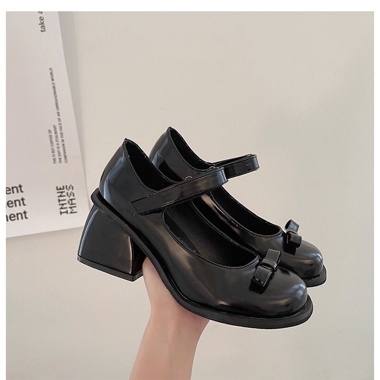 Giày cao gót Lolita mũi tròn đính nơ 7,5cm Giày Mary Jane