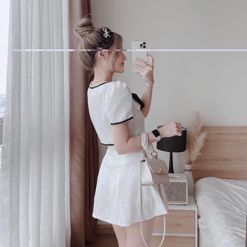 Sét Váy Dạ Xoè Trắng Nơ Xinh JARI-CLOTHES Tiểu Thư Đi Chơi Phong Cách Nhẹ Nhàng