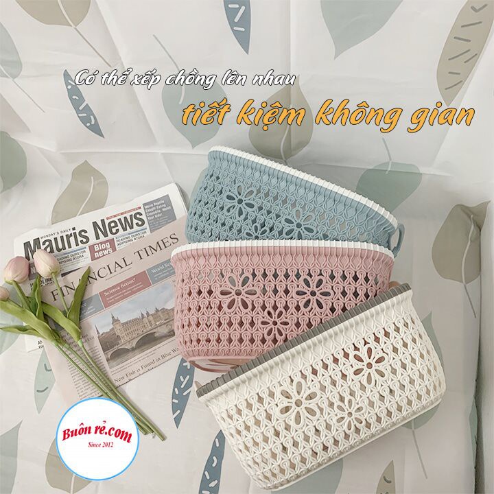 Rổ nhựa giả đan mây có quai cầm Việt Nhật, giỏ hoa 2 size màu pastel xinh xắn (MS: 3377-1) – 00690