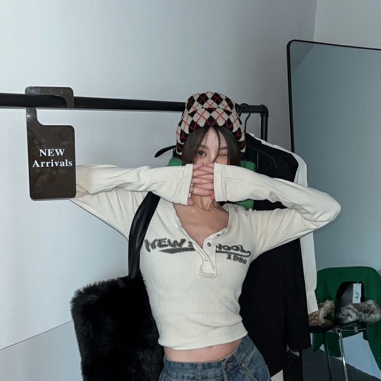 Áo kiểu croptop SUXI tay dài màu trơn phong cách vintage thời trang mới