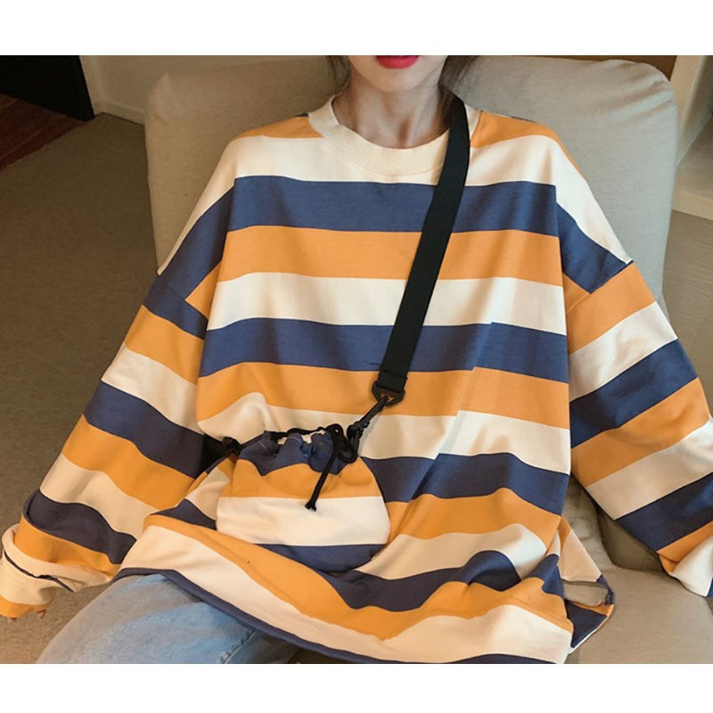 Cotton Striped Round Neck Sweatshirt Women-free Small Bag