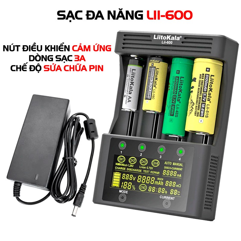 Bộ Sạc Pin LiitoKala Lii-600 Bản 2020 Sạc Nhanh 3000mA, Màn Hình LCD, Nút Cảm Ứng, Cảm Biến Nhiệt
