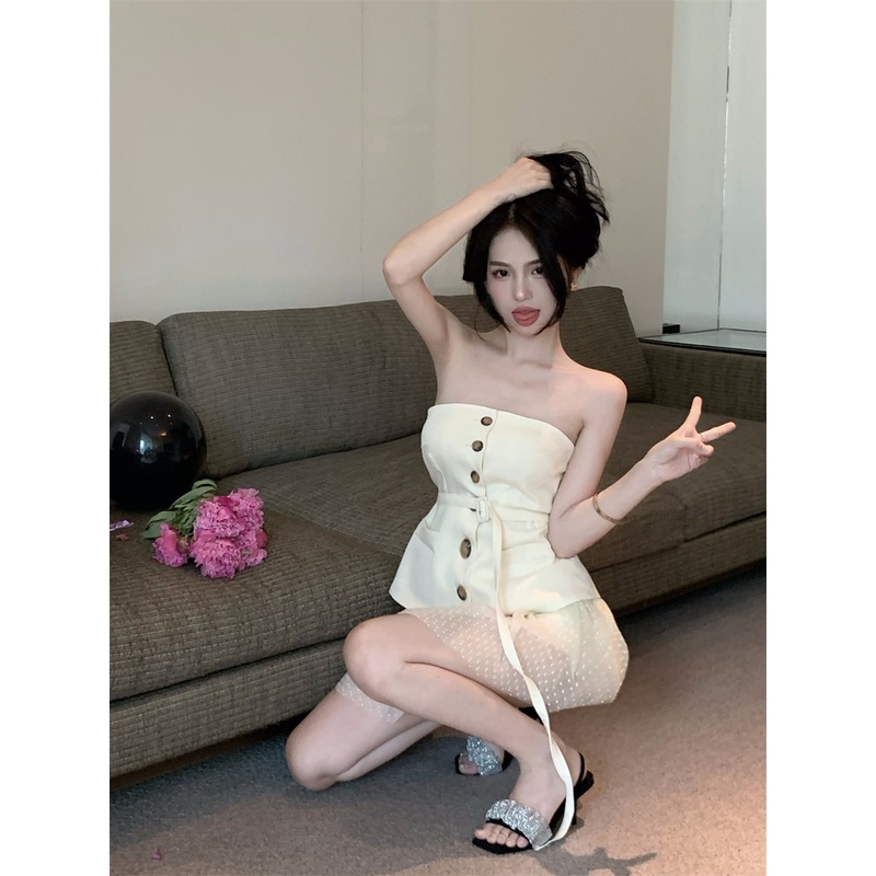 Cocory vn Set Áo Ống + Chân Váy Lưới Lưng Cao Thời Trang Quyến Rũ Cho Nữ