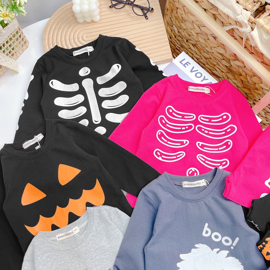 Bộ Quần Áo Bé Gái, Bé Trai KIMCHIBABY Vải Cotton 4C Dư Xịn Hoạ Tiết Halloween, Bộ Dài Tay Cho Bé Mặc Nhà MKMTD2240