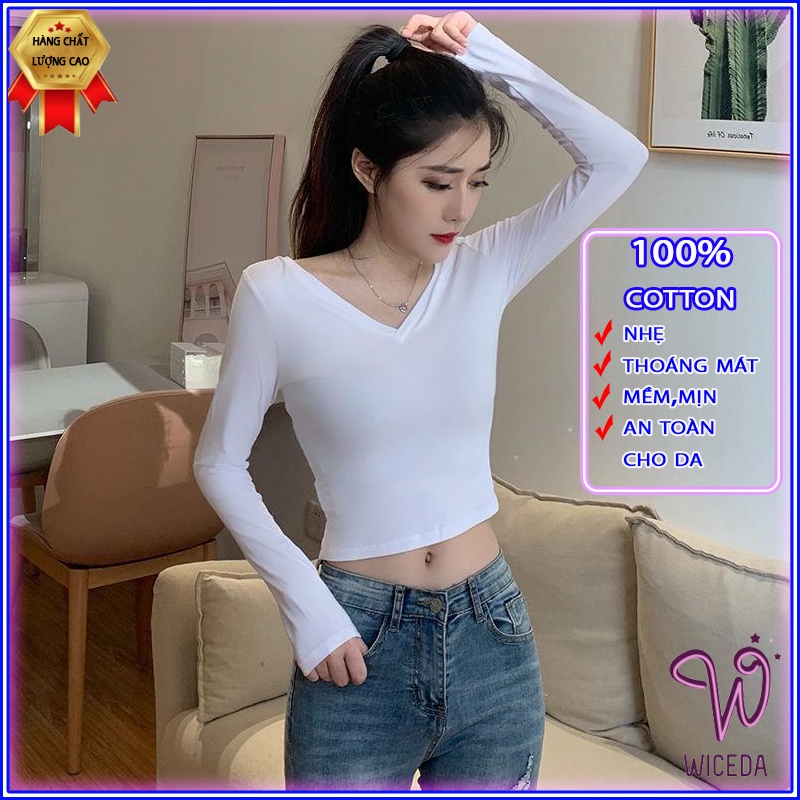 Áo croptop dài tay cổ tim ôm body xinh , áo thun kiểu tay dài đẹp chất 100% cotton hai màu đen trắng Wiceda TD281