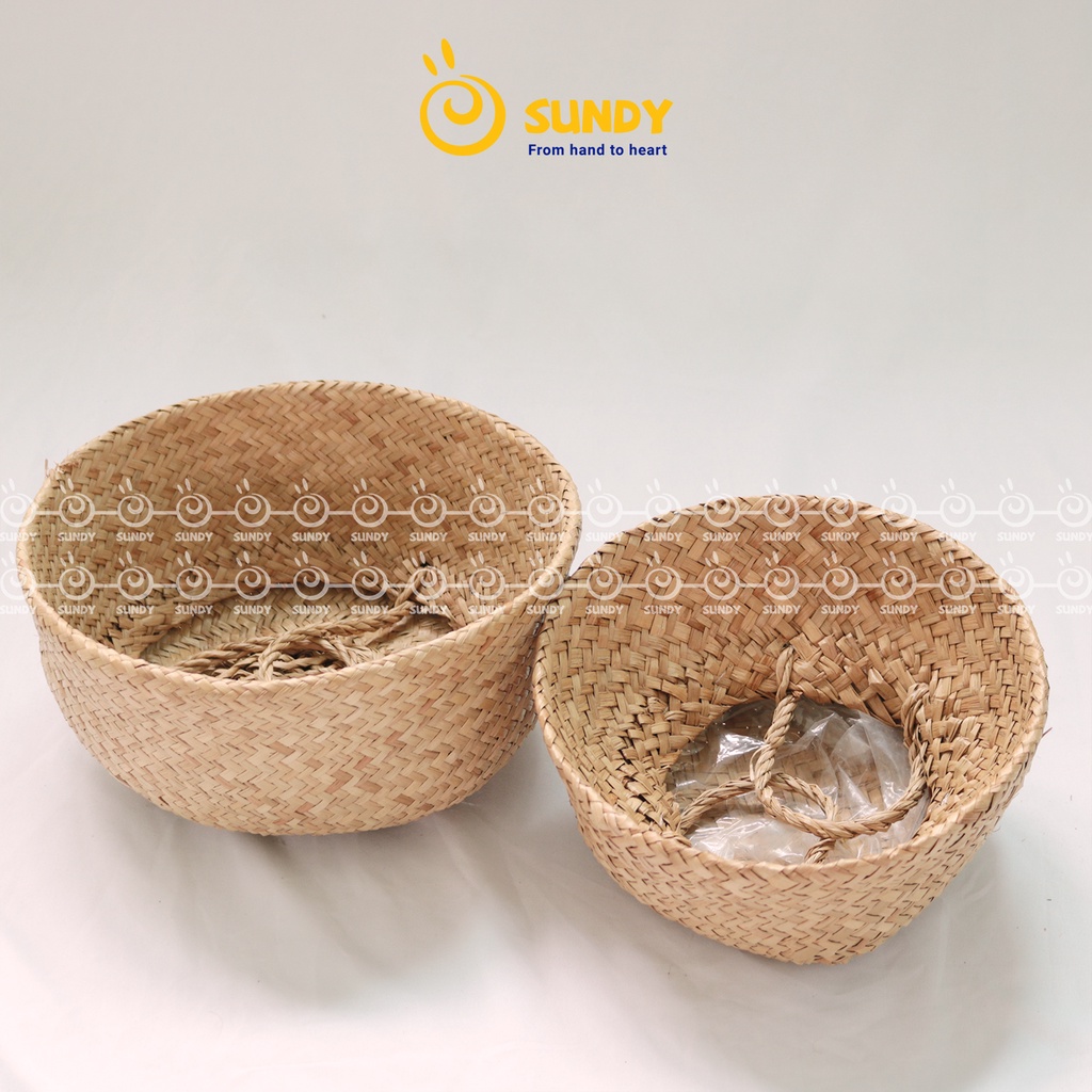 Giỏ cói trồng cây SUNDY dùng đựng quần áo, decor tự nhiên có quai, nhiều kích thước GC009N00