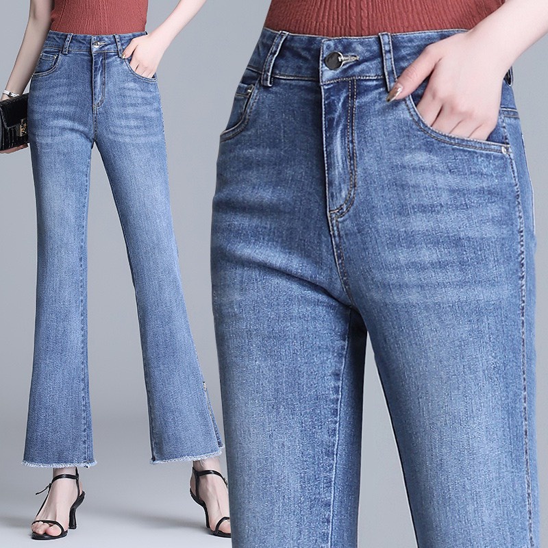 Quần Jean Nữ Lưng Cao OoKi Ống Loe Lai Tua Cotton co Giãn 4 Chiều Quần Bò Nữ Ống Bass Dáng Skinny 40- 65Kg