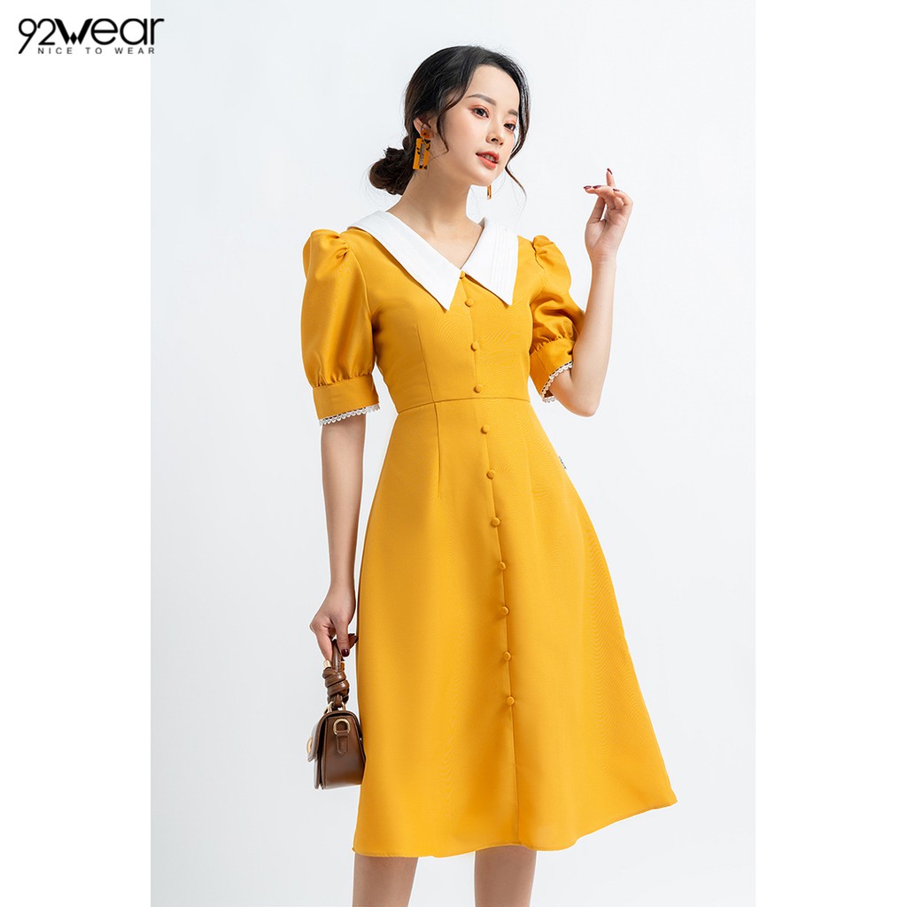 Đầm công sở dáng xòe tay lỡ phối viền cổ trắng DEW0741 - 92WEAR | BigBuy360 - bigbuy360.vn