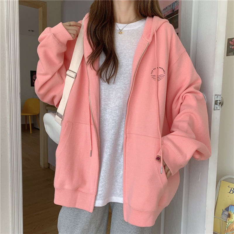 Áo khoác hoodie có khóa kéo dáng rộng mẫu mới phong cách Hàn Quốc mới thời trang mùa thu dành cho nữ