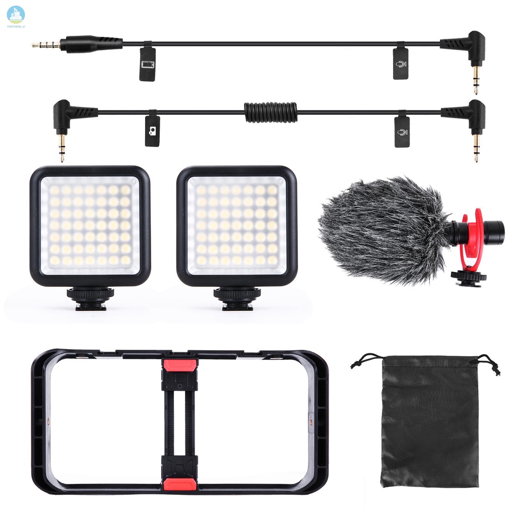 MI   Andoer Smartphone Video Rig Kit Including Smartphone Cage with 3 Cold Shoe Mounts + 2pcs Mini LED Video Lights + Microphone with Shock Mount Wind Screen for Vlog Video Recording Live Streaming