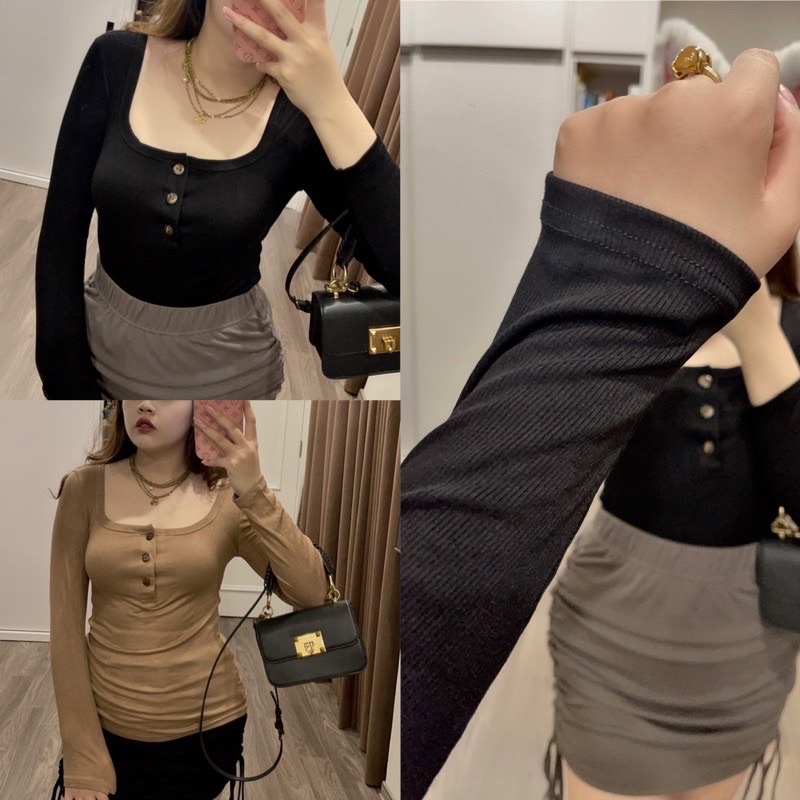 [LE QUIN BIGSIZE] Áo thun cổ vuông cúc gỗ