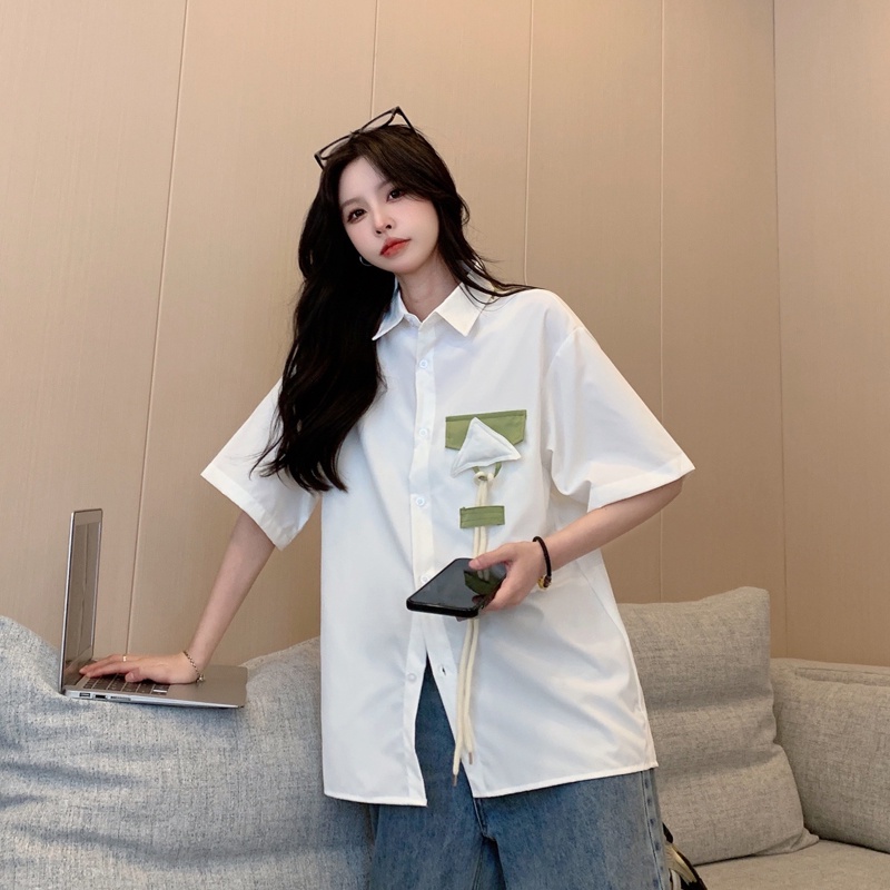 Áo sơ mi SUXI tay ngắn dáng rộng phối màu sắc tương phản phong cách cổ điển thời trang mùa hè dành cho nữ