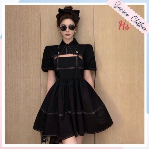 Set váy nữ 2 dây viền chỉ nổi mix kèm áo sơ mi khoác ngoài đầm chất thô mềm phong cách cá tính hottrend Saniee Clother
