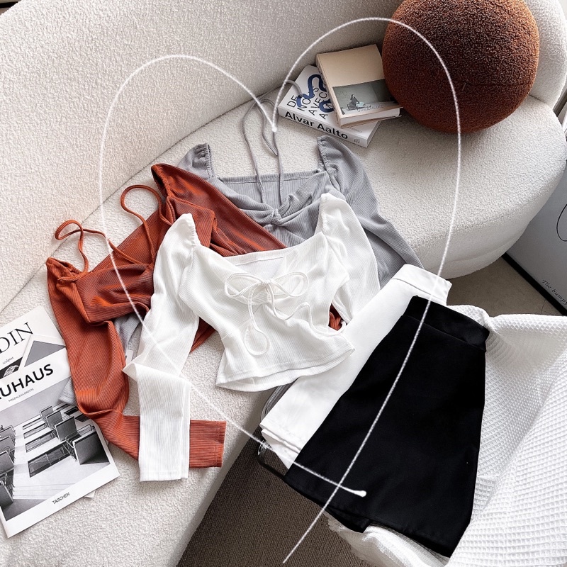 SET ÁO XOĂN NGỰC DÂY CỔ YẾM BẸT VAI + CHÂN VÁY ĐEN