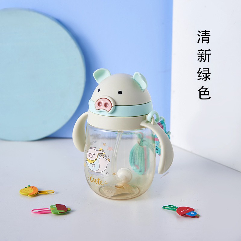 Bình tập uống nước cho bé ống hút có van chống sặc cho bé tập hút an toàn thể tích 415ml hình heo dễ thương