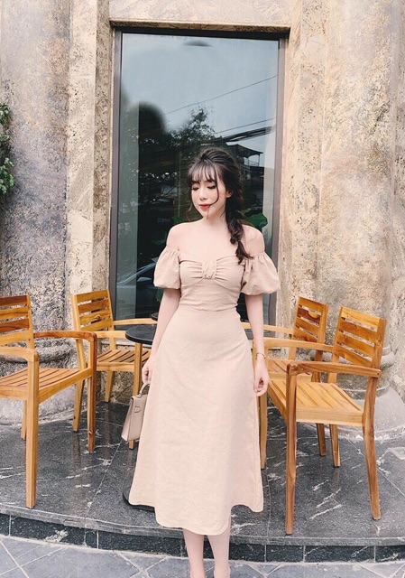 Đầm Midi Bo Ngực Tay Búp Dáng Xòe Xt