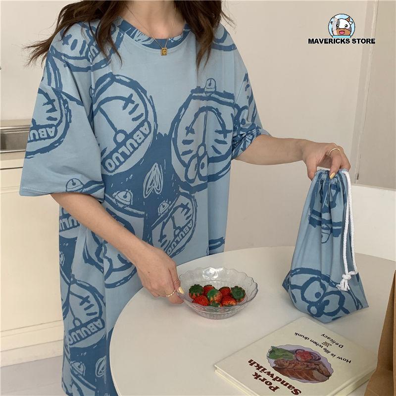 Đầm ngủ tay ngắn dáng rộng in hình mèo dễ thương thời trang mùa hè cho nữ