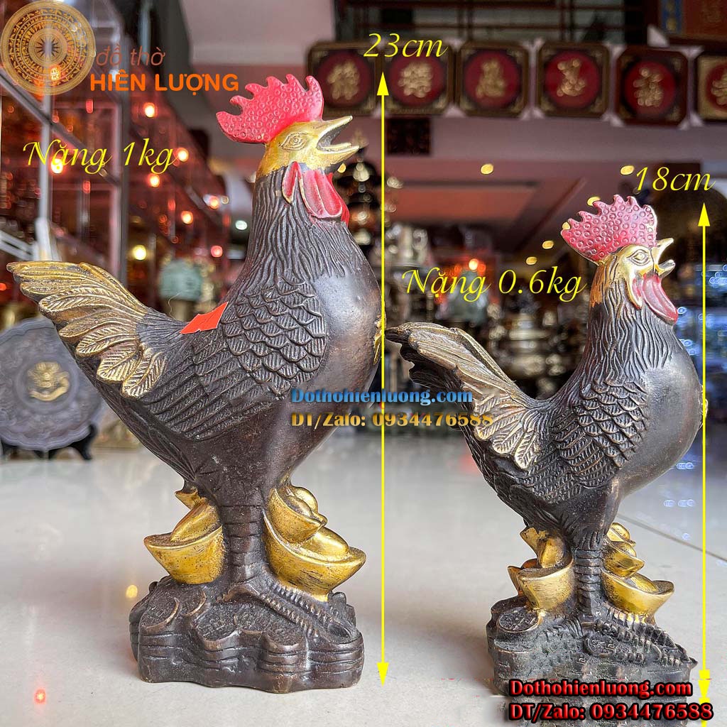 Tượng Gà Trống Chữ Phúc Quan Tiền Bằng Đồng Làm Màu Đẹp Tinh Xảo