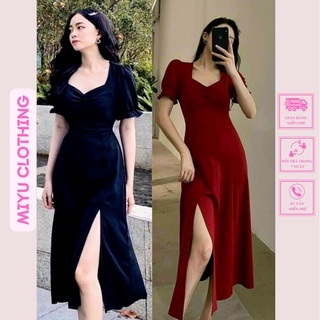 Váy dự tiệc cưới xẻ tà đầm đỏ dáng dài xòe váy nữ xẻ đùi đi tiệc sang trọng chất liệu Linen MiyuClothing