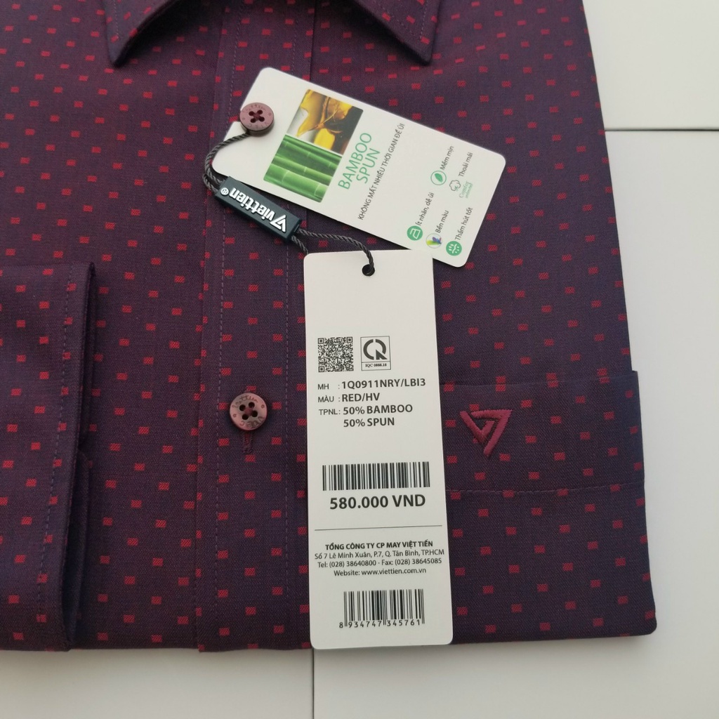 Aó sơ mi nam Việt Tiến dài tay mã 1Q0911NRY  chính hãng ,cao cấp - form suông REGULAR - Màu đỏ - tím họa tiết
