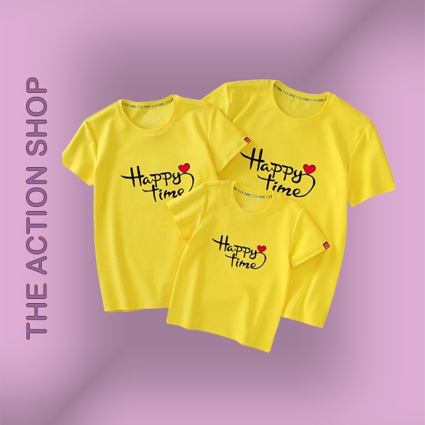 Áo gia đình Happy time Đồng phục gia đình 3/4/5 người đi biển giá rẻ Thun cotton Màu vàng GD0002v Bin Action