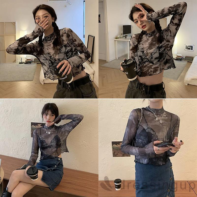 Áo Thun Lưới Tay Dài Cổ Tròn In Họa Tiết Trừu Tượng Dành Cho Nữ