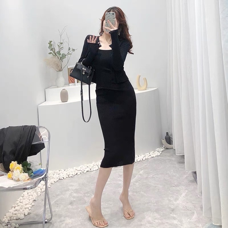 Set váy len basic : đầm váy len 2s 2 dây body + áo choàng len cardigan