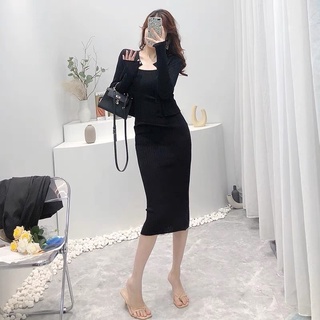 set váy len basic : đầm váy len 2s 2 dây body + áo choàng len cardigan (37005#)