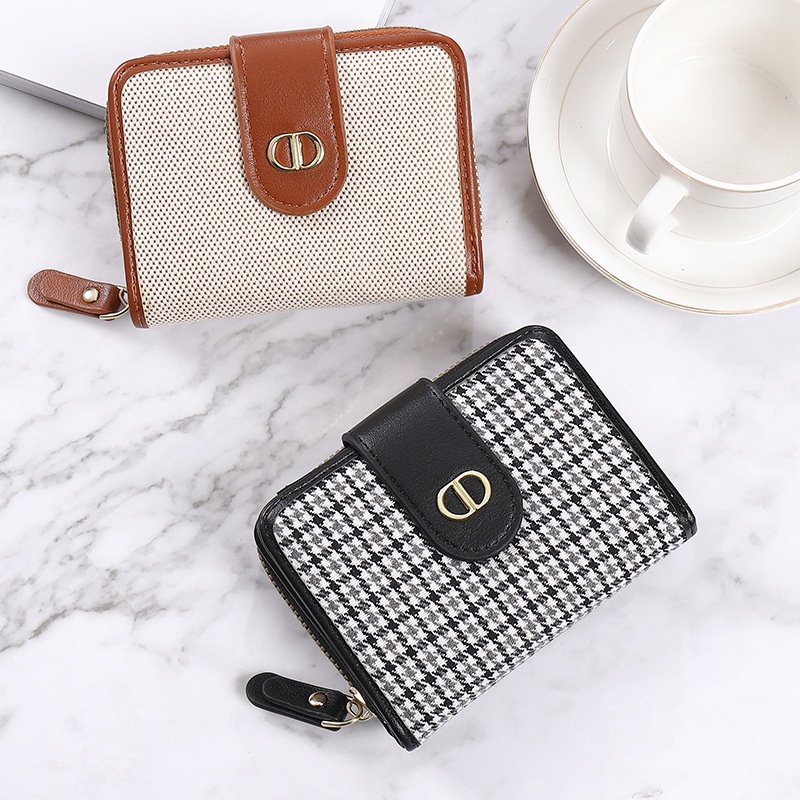Ví Vải Canvas Dáng Ngắn In Họa Tiết Houndstooth Cá Tính Cho Nữ