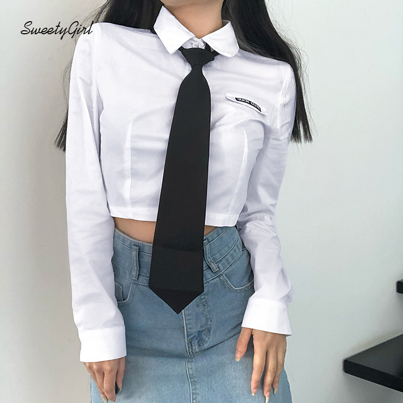SweetyGirl Fashion Letters Tagged Tied Turn-down Collar Long Sleeves Front Buttoned Women Slim Fit Casual Cardigan Crop Top | BigBuy360 - bigbuy360.vn