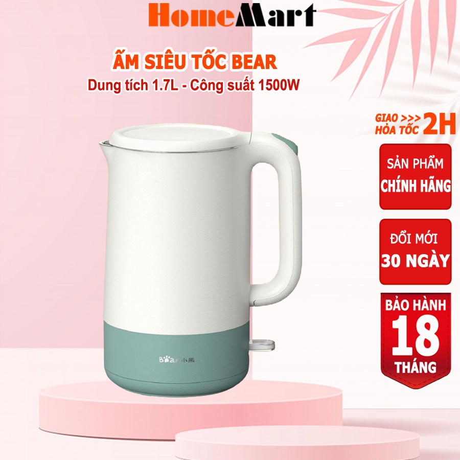 Ấm đun siêu tốc Bear 1.7L 1500W ấm đun siêu tốc, lõi Inox chống gỉ, HomeMart – Hàng chính hãng BH 18 tháng