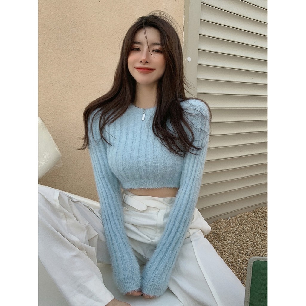 Áo len tay dài cổ tròn croptop ôm body hở bụng rốn ulzzang ( 4 màu )