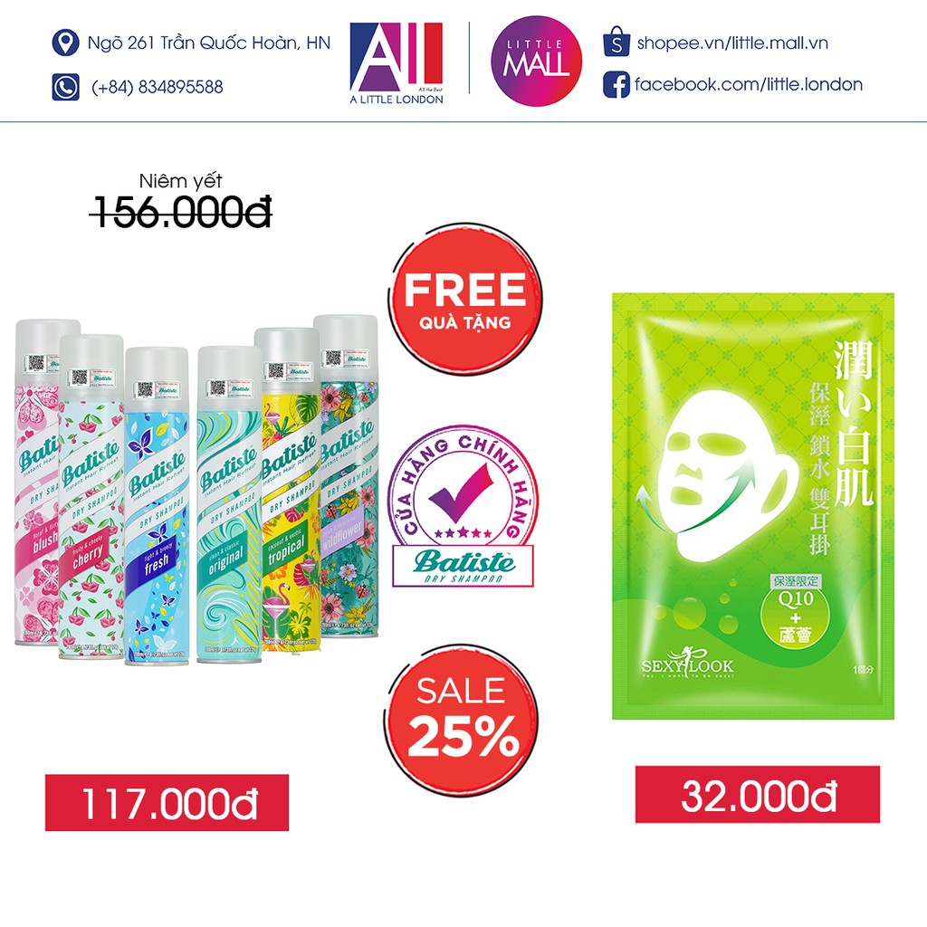 Dầu gội khô Batiste dry shampoo 200ml TẶNG mặt nạ Sexylook (Nhập khẩu) | BigBuy360 - bigbuy360.vn