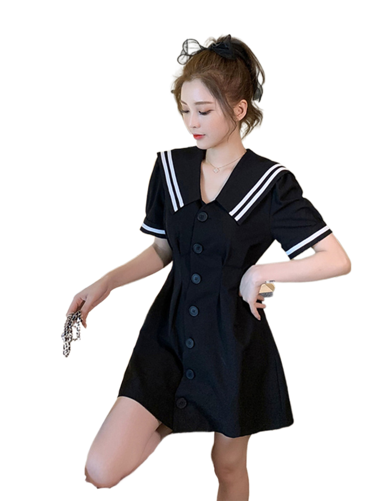 "New" Korean Version of Color Matching Navy Collar Single-breasted Dress Academic Temperament Waist Slim A- Line Skirt | BigBuy360 - bigbuy360.vn